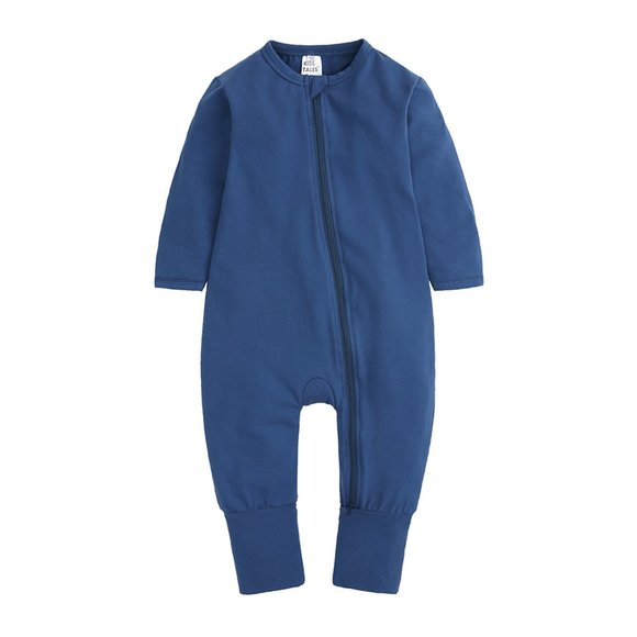 NWT*BABY ROMPER Long Sleeve Blue Cotton Mitted Footed Double Zipper Bodysuit Boy - Picture 2 of 15